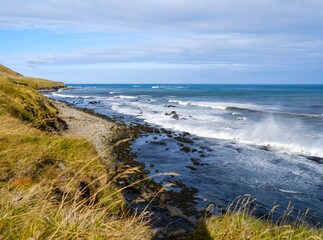 Landscape along the Strandvegur. The Strandir in the Westfjords (Vestfirdir) in Iceland during...
