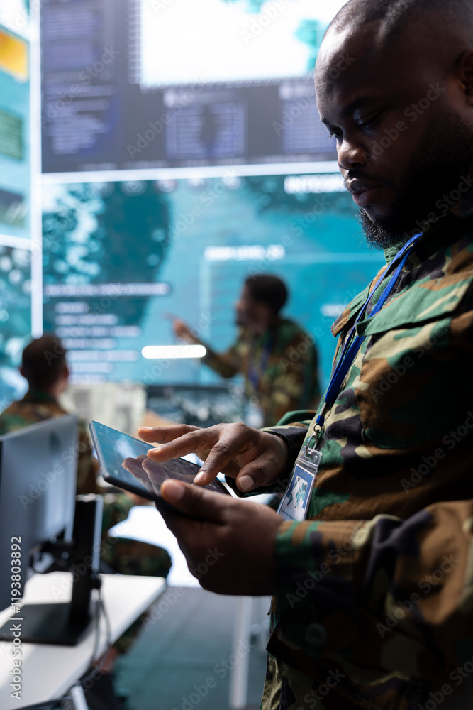Aufkleber military personnel in a command post working on data processing, integrating real time surveillance 