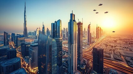 Naklejka premium Futuristic city skyline at sunrise with flying vehicles.