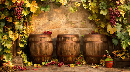 Naklejka premium A rustic vineyard scene with wooden barrels, grapevines, and warm lighting, creating a cozy, earthy atmosphere ideal for showcasing wine, artisanal products, or rustic-themed marketing campaigns. 