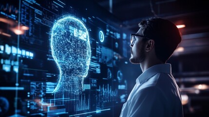 Young asian male analyzing futuristic digital interface with holographic human head