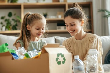 Mother and daughter filling recycle bin