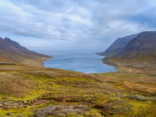 Landscape along the Strandvegur at Veidileysufjordur. The Strandir in the Westfjords (Vestfirdir) in Iceland during autumn.