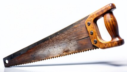 Vintage Hand Saw Silhouette: Worn Blade & Wooden Handle on White