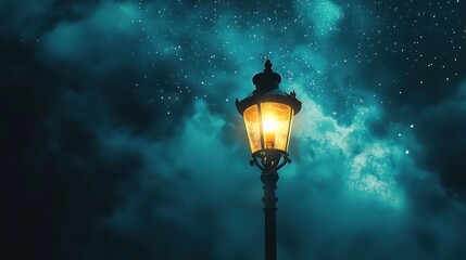 Illuminated vintage lamppost under a starry, cloudy night sky.