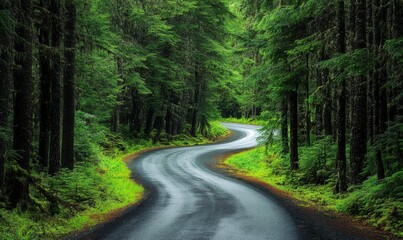 Fototapeta premium A Winding Asphalt Road Through a Lush Green Forest