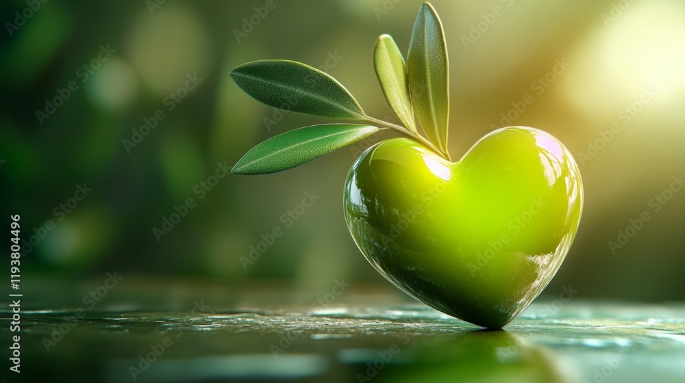 Poster a single olive shaped into a heart with a glowing green gradient and soft shadows