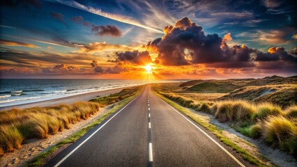 Vintage Huisduinen Coast Sunset: Scenic Coastal Road Leading to Infinity