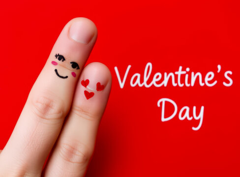 Adorable fingers decorated with cute faces and red hearts, symbolizing love and Valentine's Day on a bright red backdrop - Powered by Adobe