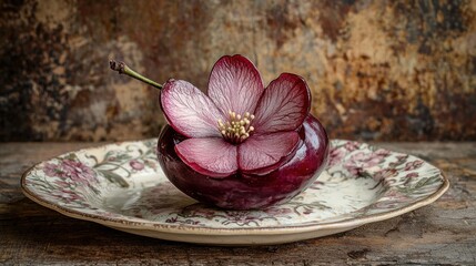 Dark red fruit with pink flower on vintage plate.