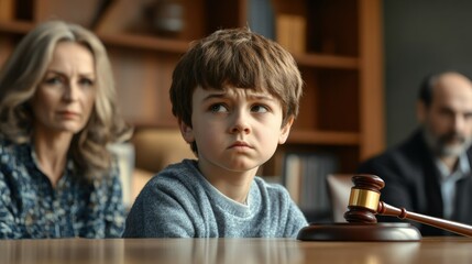 Sad boy sitting at a table in the background of his parents.