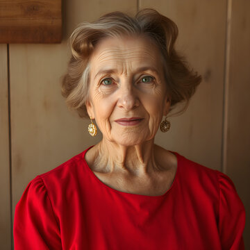 Una linda imagen de una anciana con un encantador vestido rojo