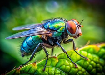 Vintage Macro Photo: Black Blowfly on Green Leaf - Copy Space