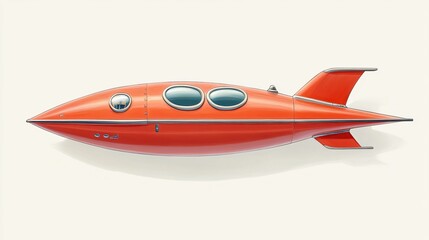 Retro Futuristic Red Rocket Submarine Illustration
