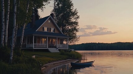 Fototapeta premium Lakeside cottage at sunset.