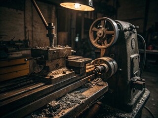 Naklejka premium Vintage Metal Cutting Machine Close-Up, Low Light Industrial Workshop