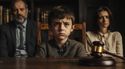 Obraz premium Sad boy sitting at a table in the background of his parents.