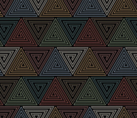 Seamless repeating pattern with an ethnic modern design of decorative spiral triangles made up of small multicolored circles and thin lines on a black background. Abstract vector illustration.