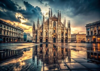 Fototapeta premium Vintage Milan Cathedral Rainy Day Reflection Puddle Stock Photo