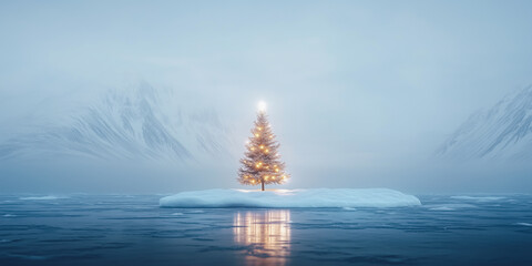 Christmas Tree on Ice Floe Under Antarctic Night Sky.