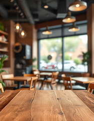 Empty wood table top and blur glass window interior restaurant and cafe banner mock up background - can used for display or montage your products, pop-art. isolated with white highlights