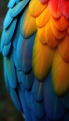 Fototapeta premium Closeup view of vibrant toucan feathers. Colorful plumage with vibrant hues of blue yellow, red. Feathers soft texture. Exotic tropical bird. Beautiful design pattern for background wallpaper