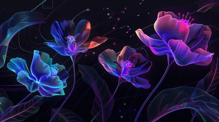Vibrant neon flowers background in futuristic cyberpunk style with glowing petals and laser light streaks. Modern floral design with holographic effect