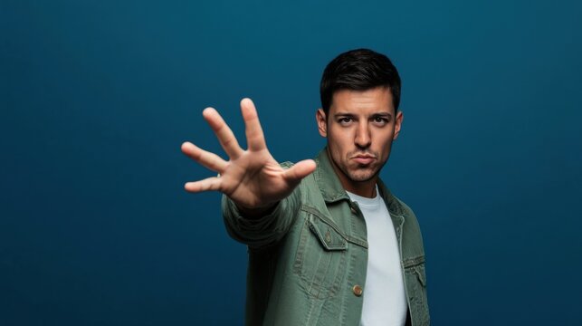 Confident young man extending hand towards camera against blue background