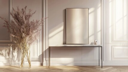 Sunlit room interior with console table, pampas grass, and blank canvas.