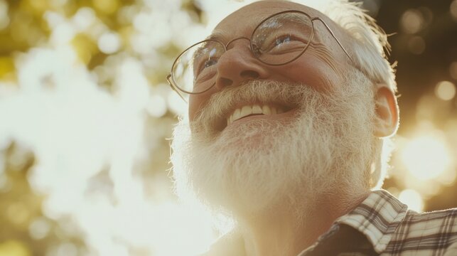 Elderly man with beard smiling outdoors in sunshine and nature backdrop