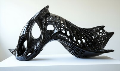 Black Abstract Sculpture on a White Platform