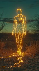 A luminous figure composed of sparkling light strides through a mystical landscape at dusk, evoking themes of magic and transformation.