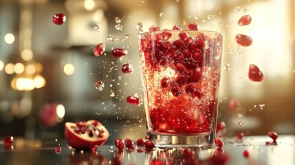 Pomegranate seeds splashing into a glass of iced beverage.