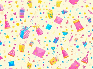 Joyful Celebration Party Seamless Pattern: Festive Gifts, Stars, and Confetti