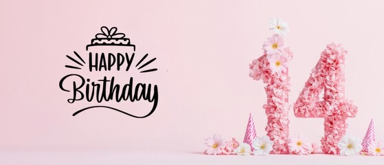 Happy 14th Birthday Floral Number Cake Design Pink Background