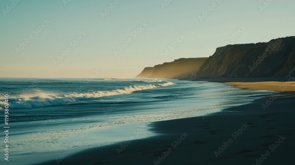 Canvas Prints Sunset coastal scene with waves gently lapping a sandy beach next to dramatic cliffs.