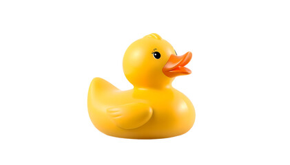 Bright yellow rubber duck toy with a cheerful orange beak, isolated on a transparent background, perfect for design and playful visuals
