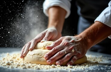 Strong hands knead dough. Flour dusts air. Baker works on dough. Kitchen scene. Artisan food prep. Healthy food making. Fresh homemade bread or pasta. Traditional cooking style. Closeup view.