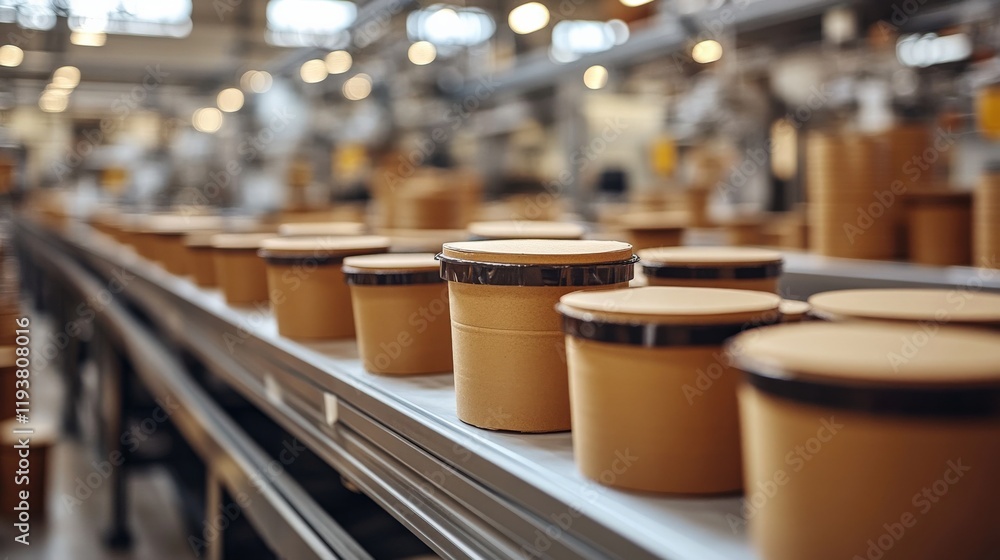 Poster a close-up view of cardboard containers on a production line in a modern factory, showcasing the pro