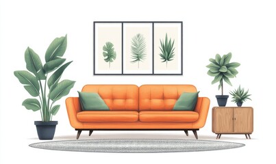 Fototapeta premium Modern Interior with Orange Sofa and Green Plant Decorations