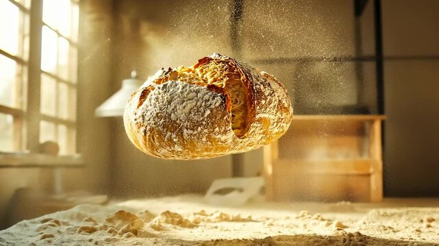 Adult Caucasian woman bakes bread rustic kitchen.Warm sunlight illuminates fresh loaf wooden table.Flour dust rises crusty bread.Oven heat permeates baking area.Culinary skills,homestyle cooking