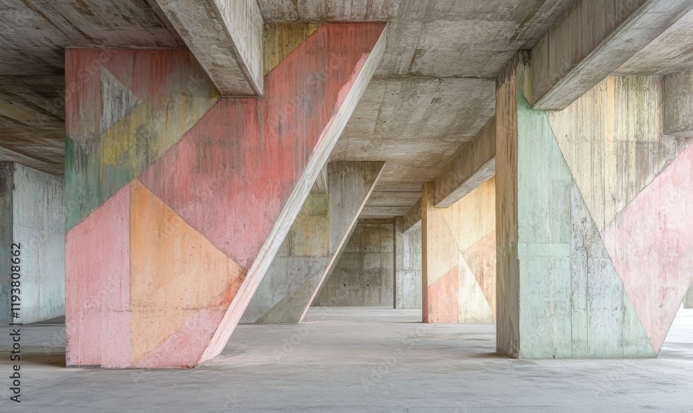 Poster abstract architecture background, empty rough concrete interior with diagonal columns.