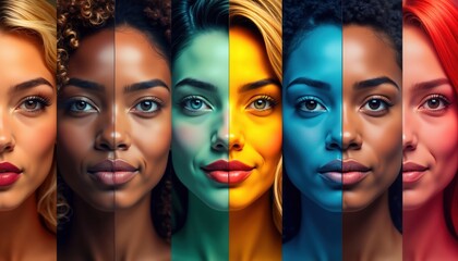 Obraz premium Diverse faces displayed in vivid colors. Different ethnicities divided by vibrant lines. Colorful portraits illustrate cultural diversity. Faces reveal various emotions. Art style power of contrast,