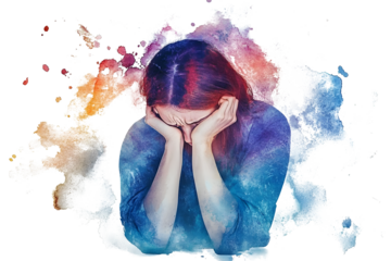 depressed woman with headache in watercolor isolated on white or transparent png