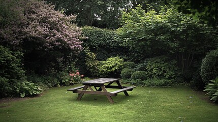 Serene Garden Picnic Table: Lush Green Landscape with Blooming Flowers