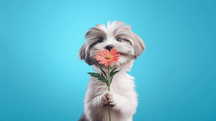 Cute Puppy Holding a Flower on Blue Background  .