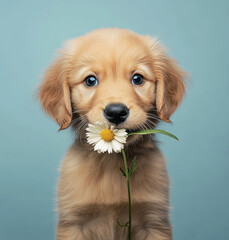 Cute Puppy Holding a Flower on Blue Background  .