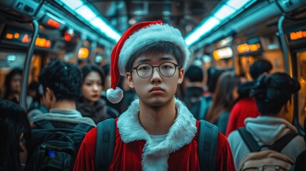 Fototapeta premium A young man dressed as Santa stands in a crowded subway, blending holiday spirit with urban life, evoking a unique festive atmosphere.