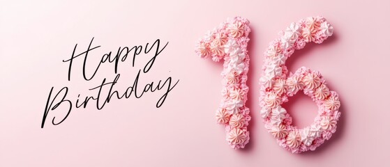 Sweet Sixteen Birthday: Pink Floral Number 16 Cake Decoration on Pink Background