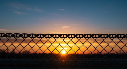 Fototapeta premium Warm sunset view through a chain link fence, concept for travel photography, landscape design and outdoor inspiration